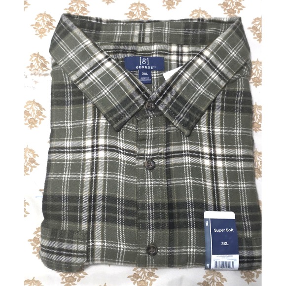 George Super Soft Flannel Shirt Men's 3XL Olive Oak Plaid Long Sleeve Button Up - Picture 7 of 9